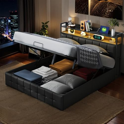 BestAlice Bett 140x200cm mit Stauraum, Polsterbett Doppelbett mit LED, Stauraumbett mit Offenes Stauraum-Kopfteil,Jugendbett, hydraulisches Erwachsenenbett,Leder,Schwarz