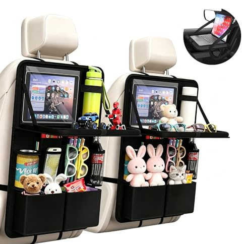 Bztzhm Juego de 2 organizadores para coche con mesa plegable desmontable, 62 x 42 cm, organizador de asiento trasero para niños y adultos, 11 bolsillos + compartimento para pantalla táctil, protector