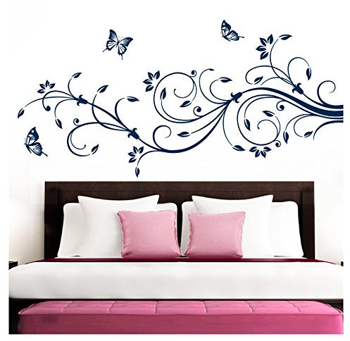 Grandora Wandtattoo XXL Blumenranken Schmetterlinge Blumen I dunkelblau (BxH) 90 x 39 cm I Schlafzimmer Liebe Flur Wohnzimmer modern Aufkleber Wandaufkleber W1073
