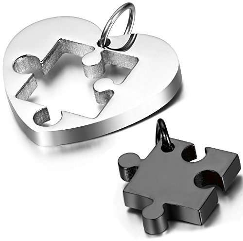 Oidea 2PCS Stainless Steel Couple's 2 PCS Love Heart Puzzle Pendant Necklace for Valentines Day,Chain Included, with Gift Bag Package,Black