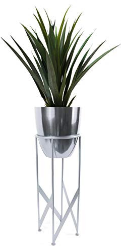 Leaf Tall Metal Plant Stand with Planter, Silver With Yukka Plant, 90cm