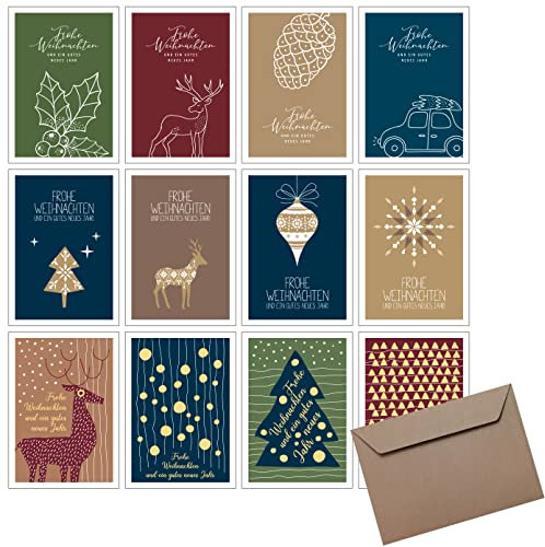 12x Weihnachtskarten & Umschläge, Mix Set Natur, 12 Motive, Premium Klappkarten B6, privat & geschäftlich