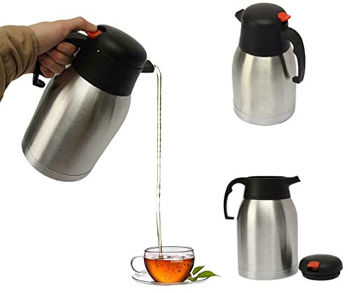 Sizi Stainless Steel Double Walled Insulated Vacuum Thermos Flask Safety Push Press Button Dispenser Air Pot 12 Hour Hot & Cold Retention Travel Coffee Teapot Camping Hiking Jug (2 L), 12008, Silver