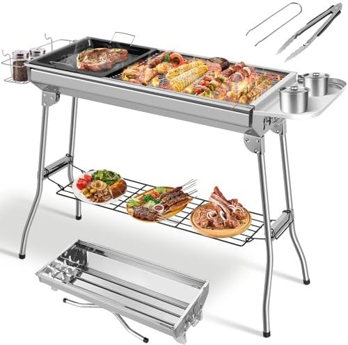 Barbacoa de Carbón Portátil, Parrilla de Acero Inoxidable Plegable, Barbacoa Carbon XXL con Sartén Antiadherente para Jardín, Terraza, Picnic, Camping