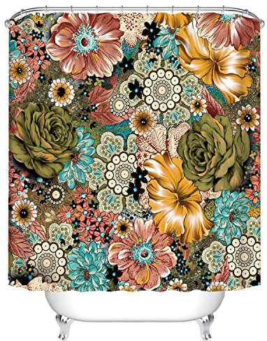 KONAMO Rideau de Douche Floral bohème coloré, Motif Floral, Mandala bohème Chic, Tissu Ethnique, Rideau de décoration de Salle de Bain, 180 x 180 cm