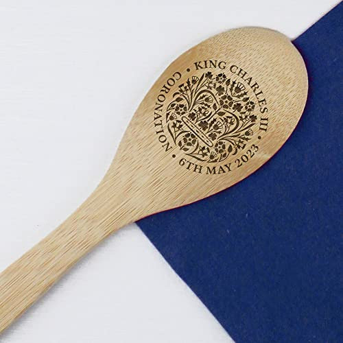 eBuyGB Wooden Mixing Spoon Engraved with The Official Emblem, The King's Coronation, Celebrating King Charles III, Royal Family