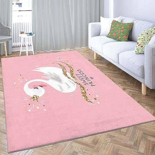 WHUOEUCO Wohnzimmer Teppich rosa Schwan 80 x 150cm Kurzflor Teppich rutschfeste Plüsch Akzentteppiche für Wohnzimmer Schlafzimmer Kinderzimmer Teppich Spielzimmer Teppich