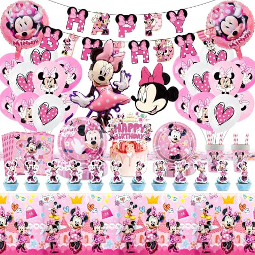Minnie Mouse Pappteller Kindergeburtstag Deko- 100 Stück Rosa Minnie Geburtstag Geschirr Party Deko Mickey Geburtstagsdeko Mädchen Partygeschirr Set Servietten Tischdecke Luftballon Banner Tortendeko