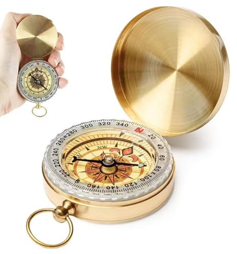 Messing Kompass Outdoor, Portable Wasserdicht Taschenkompass, Kinder Kompass Navigation Tools mit Leuchtziffern, Sprungdeckel Compass für Wandern, Camping und Outdoor Aktivitäten Mit Karabinerhaken