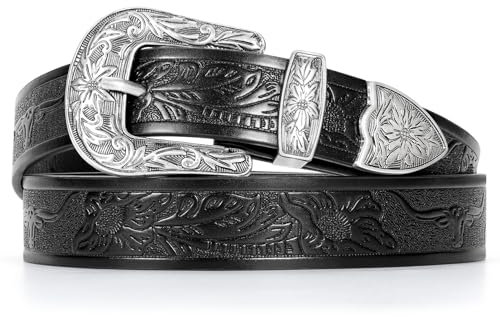 JasGood Damen Ledergürtel für Jeans Hosen Damen Vintage Western Design Gürtel，Schwarz, 100cm(Hosengröße 60cm-70cm)