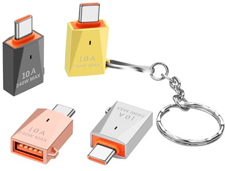 SinLoon Lot de 4 adaptateurs USB C vers USB A 10 A 240 W USB3.0 Type-C vers USB A Femelle OTG, Alliage de Zinc avec Porte-clés, pour Ordinateurs Portables, tablettes et téléphones – 4 Couleurs