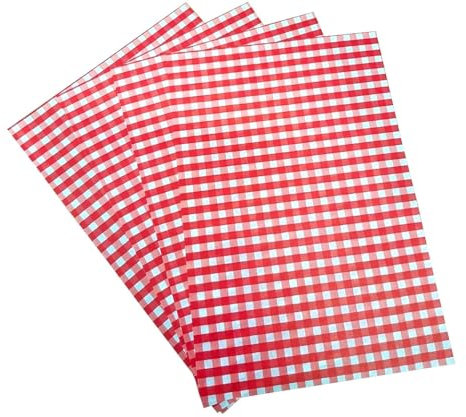 50 x RED Gingham Greaseproof Paper Sheets - 250mm x 320mm | Food-Safe Wrapping Paper for Deli, Bakery, Sandwiches, Snacks, Basket Liners and Display Trays