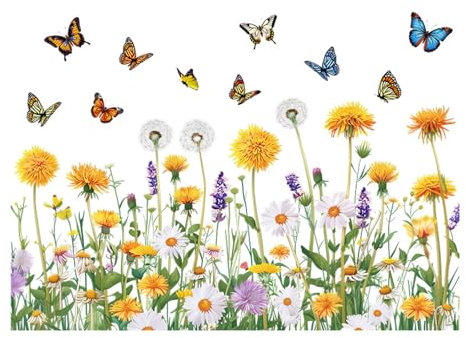 Focenat 2 Pegatinas de Pared Mariposas y Flores Pegatinas Pared Diente de Leon Plantas Mariposas Jardín de Flores Adhesivos Vinilos Pared de Verano Primavera para Dormitorio Salón Oficina Decoración