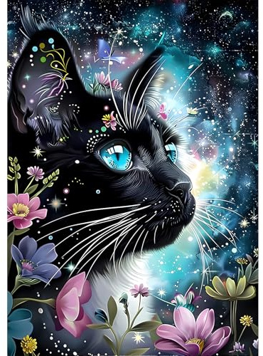 EOBROMD Diamond Painting Schwarze Katze, 5D Diamant Painting Bilder für Erwachsene Blume, DIY Diamant Malerei Set für Wanddekoration 30x40 cm