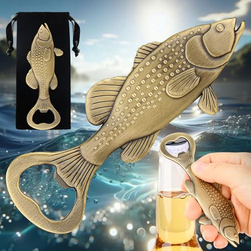 LKKCHER Barsch Fisch Flaschenöffner, Angler Geschenk, Geschenkidee Angel Zubehör, Fisch Deko, Geschenke für Angler Männer,Vatertagsgeschenk Geburtstagsgeschenk für Angler Papa Opa Angler Vater,Bronze