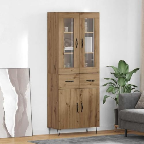 MOBCANT Highboard mit Glastüren und Metallgriffen, moderner Holzwerkstoff Artisan-Eiche Finish, für Wohnzimmer und Esszimmer,69,5 x 34 x 90 cm
