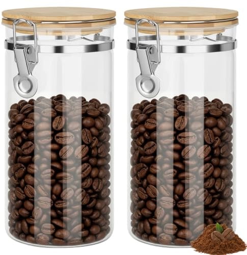 RUCUDIM 2 Stück Kaffeedose Luftdicht mit Deckel 1.6 L Kaffeebohnen Behälter | aus Glas, kaffeebohnen aufbewahrung Kaffeebehälter für Mahl, Bohnen, Tee, Mehl, Getreide und Zucker
