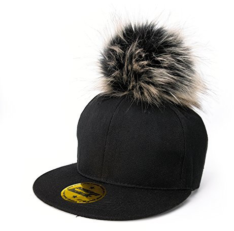 Damen Herren Unisex Snap Back Cap Große Pelz Bommel Pom Pom Mütze Baseball Hat Party Festival Spaß (Black) MFAZ Morefaz Ltd