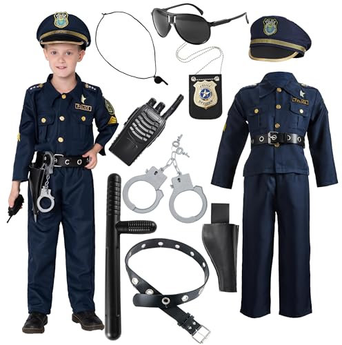 JOYIN Deluxe Polizistenkostüm und Rollenspielset für Kinder, Polizeikostüm inklusive Hemd, Hose, Hut, Gürtel, Handschellen und Holster -Polizeianzug Halloween, Cosplay-Mittel (8–10 Jahre)