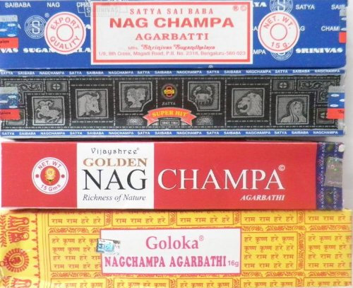 Satya Räucherstäbchen NAG CHAMPA 4er-Set - ca. 1 Std. Brenndauer, 4 Stück à 15g, Made in India