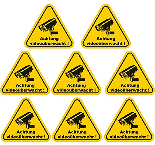 8 Stück Aufkleber Achtung Videoüberwacht 100x90 mm, gelb, selbstklebend, kratz und Wetterfest