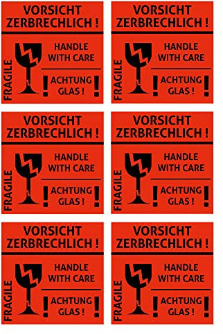 TK THERMALKING - Vorsicht zerbrechlich Aufkleber - 6 Stk. Premium Qualität - 10cm x 10cm - Vinyl - Paketaufkleber - Versandaufkleber - Gefahrenstoff-Etikett - Aufkleber