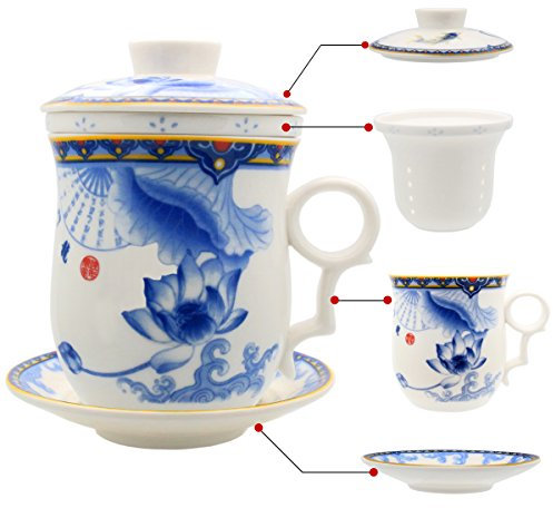 Hollihi Porzellan Teetasse mit Deckel und Untersetzer und Innensieb - Chinesische Jingdezhen-Keramik-Kaffeetasse, Teetasse Teezubereitung mit losen Blättern für das Heimbüro