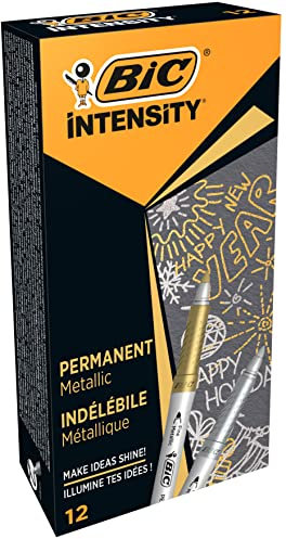 BIC Intensity Marqueur Métallique Indélébile Pointe Incurvée Fine et Corps Métallisé - Couleurs métallisées Or et Argent, Boîte de 12