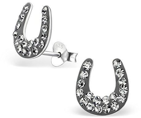 Monkimau Damen Ohrringe Hufeisen Glücksbringer - Ohrstecker aus 925 Sterling Silver echt Silber mit 36 Kristallen (Black)