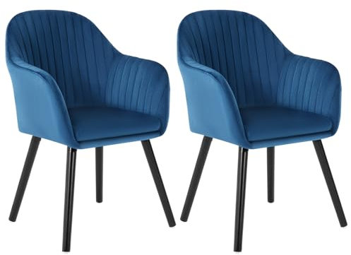 WOLTU Esszimmerstühle 2er Set, für Schlafzimmer Küche Wohnzimmer, Küchenstühle gepolstert mit Armlehne, aus Samt Massivholz, Blau