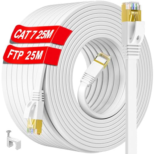 Cable Ethernet 25 metros, Cat 7 Blanco Cable de Red 25m Cable Internet Alta Velocidad Plano 10Gbps 600Mhz, RJ45 Cable Lan Cat 7 S/FTP Impermeable Resistente al Desgaste, para Router Switch (25 Clips)