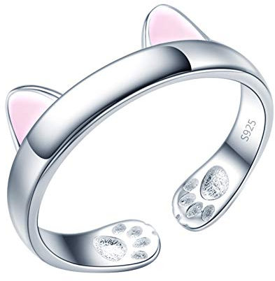 Yumilok Damenring Rosa Katze Ohr Pfotenabdruck Ring Ehering Verlobungsring Freundschaftsring Lifestyle-Ring 925 Sterling Silber verstellbar