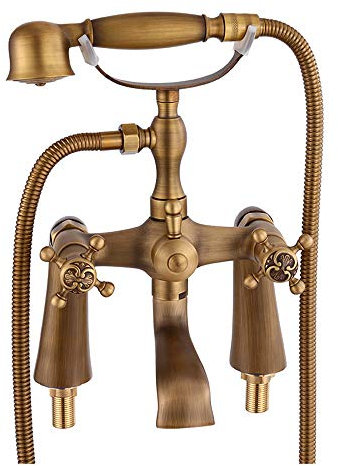 GLYYR Rétro Robinet de Baignoire avec Douchette Monté sur Le Pont Laiton Robinet de Douche Salle de Bains avec Double Poignée Froide Et Chaude Spin Bec Baignoire Mitigeur