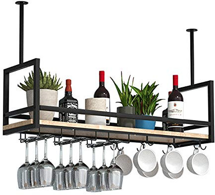 DSVONAUS Deckenregal Hängende Lagerregale Schwarz, Decke Weinglasregale, Eisen Massivholz Weinregal, Schwimmende Regale Für Küchenbar Restaurant, Mit Leitplanke/Länge 31,4/39,3/47,2 In