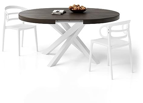 MOBILI FIVER, Mesa Redonda Extensible Emma 120-160 cm en Color Nogal Americano con Patas Cruzadas Blancas, para 4-6 Personas, Mesa Extensible de Comedor, Mesa Cocina, Salon, Made In Italy