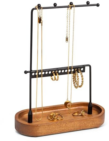 KOOK TIME Porte Bijoux | Presentoir bijoux métal avec plateau bijoux en acacia pour bagues, bracelets et autres | presentoir collier et presentoir boucle d'oreille tout en un