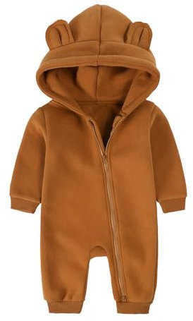 Alunsito Vestiti per neonata e bambina a maniche lunghe in pile con cerniera Orsetto con orecchio Tutina con cappuccio Pagliaccetto per bambini Autunno Inverno Vestiti caldi 73 Marrone scuro 6-9 mesi