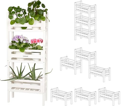 needs&wants® 3-fach multifunktional: Pflanzenständer Blumenständer aus Holz wetterfest für Indoor Outdoor Balkon Garten Wand, Pflanzenregal Blumentreppe, weiß