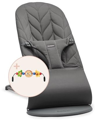 BabyBjörn Babywippe Bliss, Gewebt, Blütenblatt-Steppung, Anthrazitgrau mit Spielzeug für Babywippe, Fröhliche Augen