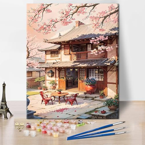 TISHIRON Kit de peinture par numéros pour adultes - Paysage - Peinture par numéros - Avec pinceaux - Cerisier - 40 x 50 cm - Sans cadre