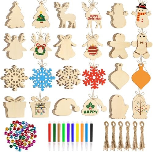 NACHLYNN 60pcs Christmas Wooden Ornaments Unfinished Wooden Slices with Colorful Bells,Watercolor Pen for Christmas Hanging Decoration (Heart)