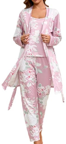 Bunanphy Ensemble de pyjama 3 pièces pour femme Imprimé floral Doux Vêtements d'intérieur Robe à manches longues Vêtement de détente Pantalon long Vêtements de nuit Vêtements de nuit, A - Rose, M