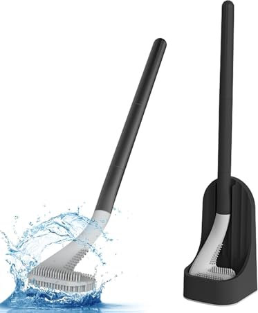 Brosse WC Silicone et Supports - Brosse de Toilette à Manche Long Plastique - Montage Mural ou au Sol - Pour Le Nettoyage de Salle de Bain - Noir