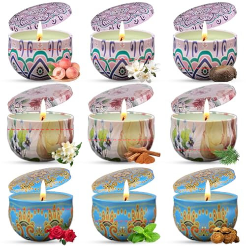 Candele Profumate,Set di 9 Candele Profumate in Cera di Soia Naturale,Candele Decorative per Donne,Regalo per Donna Alleviare Lo Stress e Aromaterapia,per Bagno,Matrimonio,Yoga,Natale,Compleanno