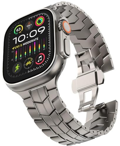 SAAWEE Correa de acero inoxidable para Apple Watch Ultra 2 Band 49 mm 45 mm 44 mm 42 mm, correa de metal con cierre plegable para Apple Watch Series 9 8 7 6 5 4 3 2 1 Ultra/Ultra 2 Men(DP-Titanium)
