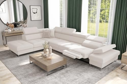 Friderik Ecksofa Galaxy Relax mit Schlaffunktion, Bettkasten, 225×350 cm, Stoff Gemma, Relaxfunktion, verstellbaren Kopfstützen & Armlehne (Creme, Links)