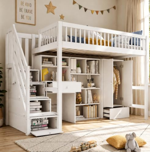 High Sleeper Bunk Bed with Desk&Wardrobe&Bookshelf&Stairs&Lockers&Drawers, Solid Wood Kids Loft 3FT Single Bed Frame, Children's Multifunctional Storage Beds with Safety Guardrail, 90x190 cm, White