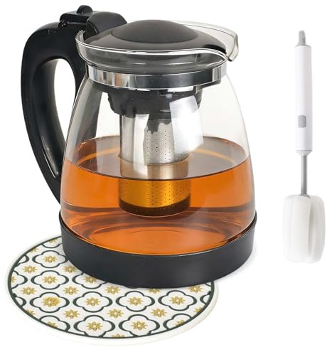 Luxvara Teekanne Glas 2 Liter Hitzebeständig Glaskanne mit Siebeinsatz, Edelstahl Filter Sieb, Bürste, Wärmeisolierungspad - Tea Maker, Für Schwarztee, Grüntee, Kräutertee und Fruchttee