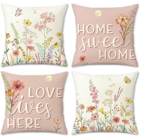 Bonhause Federe per Cuscini Floreale Primavera Copricuscini Decorativi Rosa Fiore Poliestere Lino Federa per Cuscino Divano Letto Giardino Patio Decorazione Set di 4 45 x 45 cm