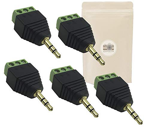 CJT Lot de 5 Bornier Jack 3.5mm Fiche Audio Jack Mâle Vers 3 Bornes à Vis Femelle Stereo Mono Raccord Fileté 3 Broches pour Microphone Adaptateur Connecteur - ADAPTOUT Marque FRANÇAISE